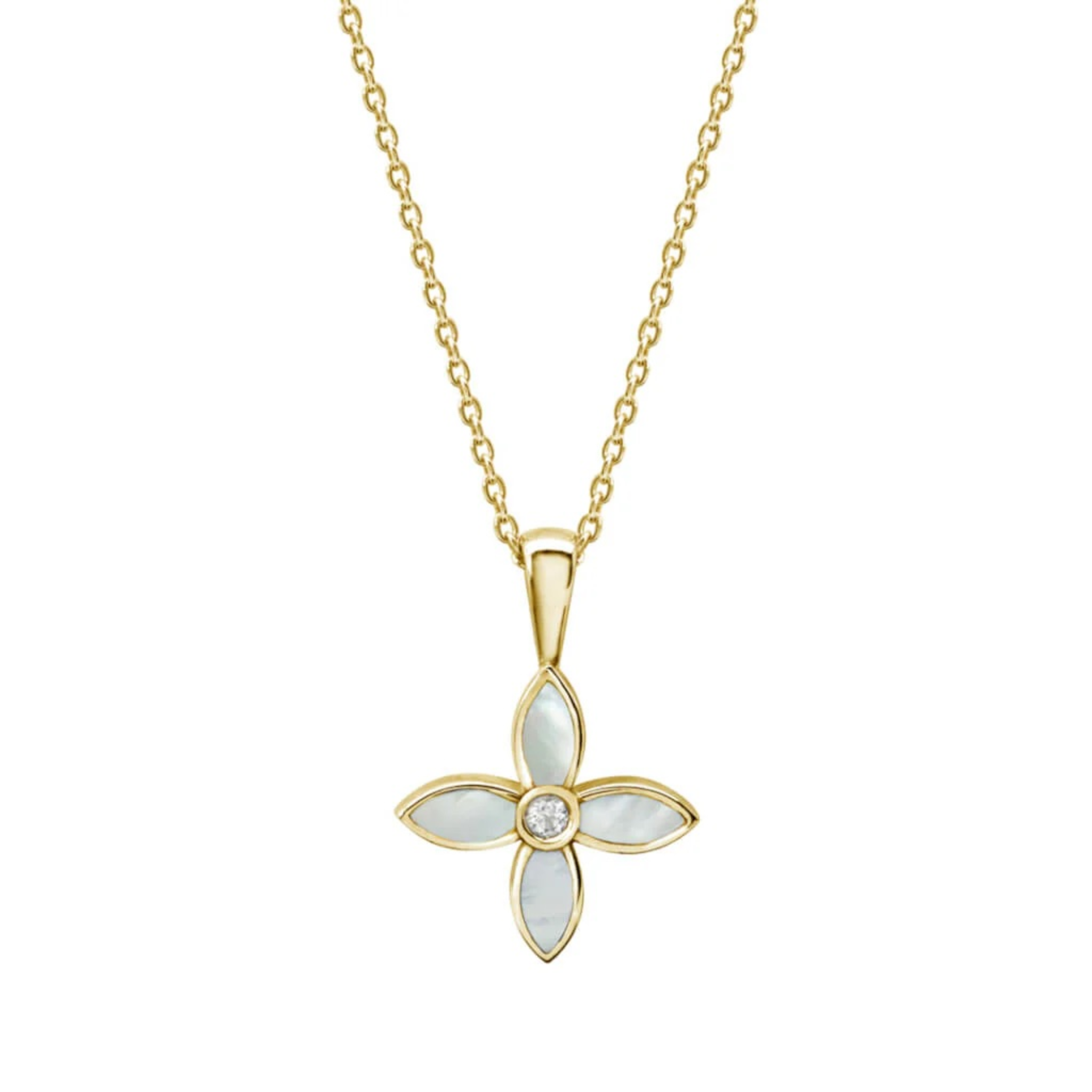 Necklace Mother of Pearl Floral w White Topaz 18 KT Gold Plate