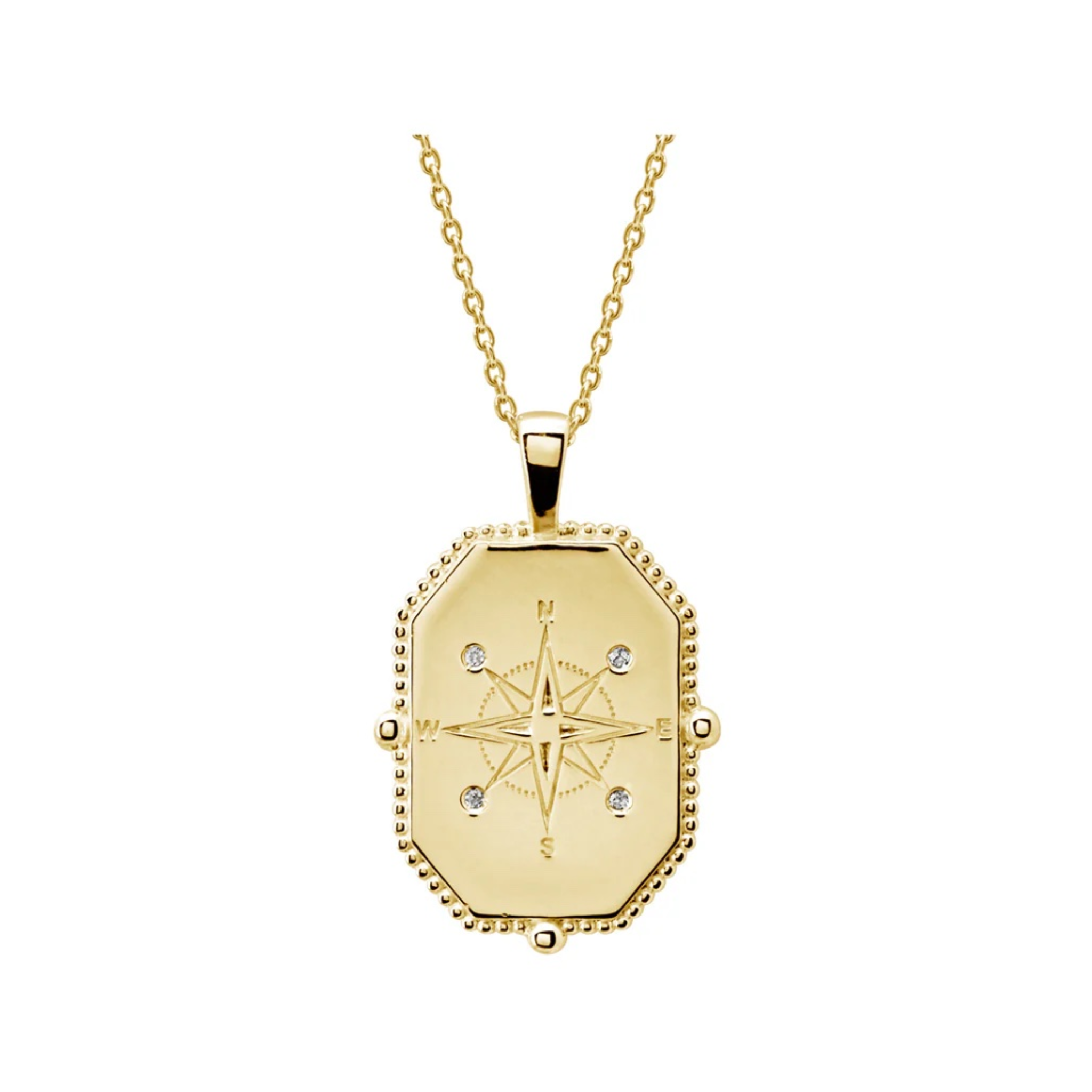 Necklace Compass w White Topaz 18 KT Gold Plate