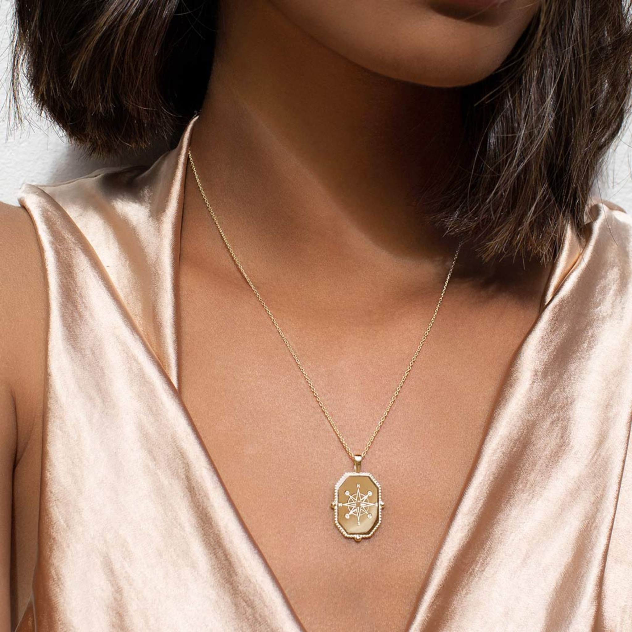 Necklace Compass w White Topaz 18 KT Gold Plate