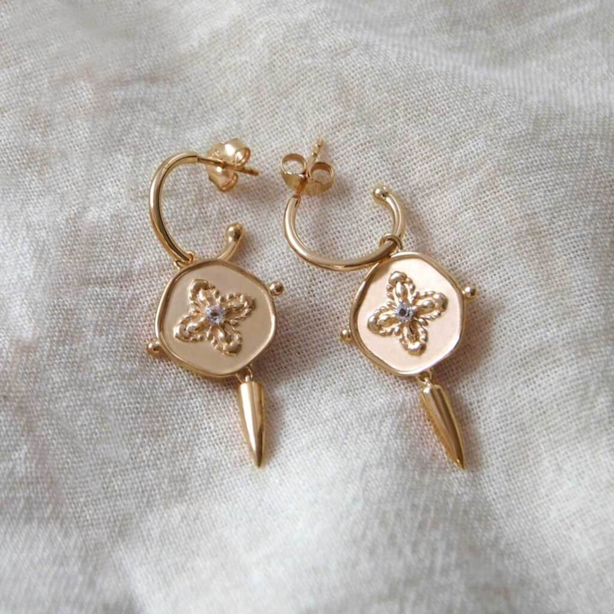 Earrings "Sahara" Small Hoop & Disc, 18kt Gold Plate w White Topaz & Dagger