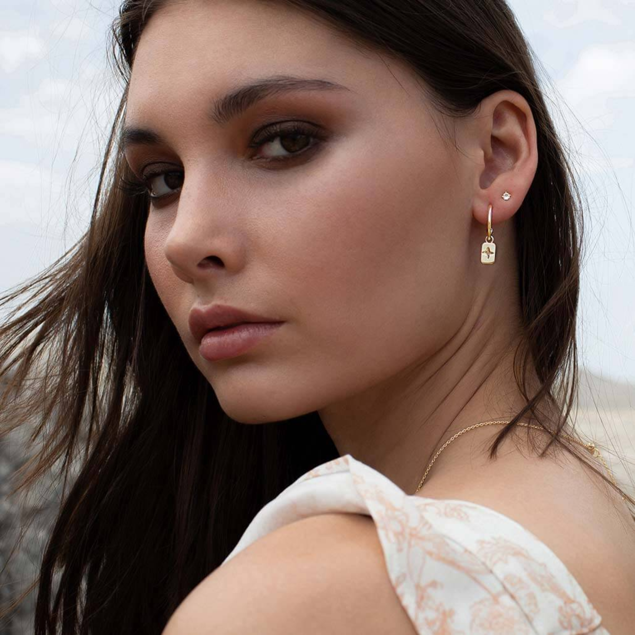 Earrings "Desert Flower" w Drop Rectangles & White Topaz in 18 KT Gold Plate
