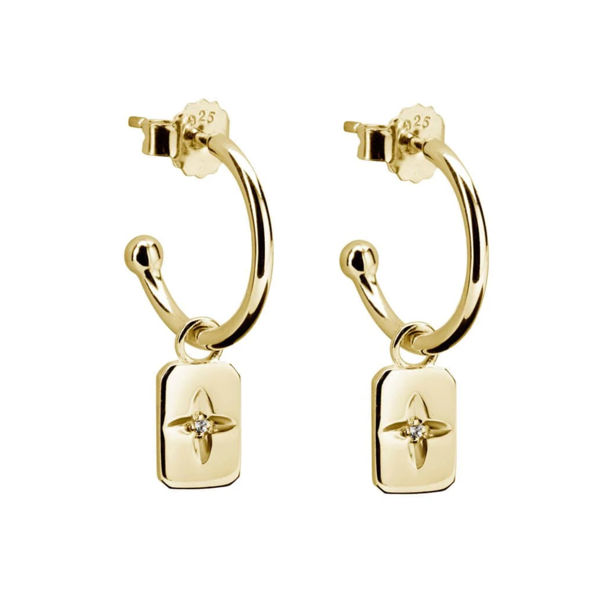 Earrings "Desert Flower" w Drop Rectangles & White Topaz in 18 KT Gold Plate
