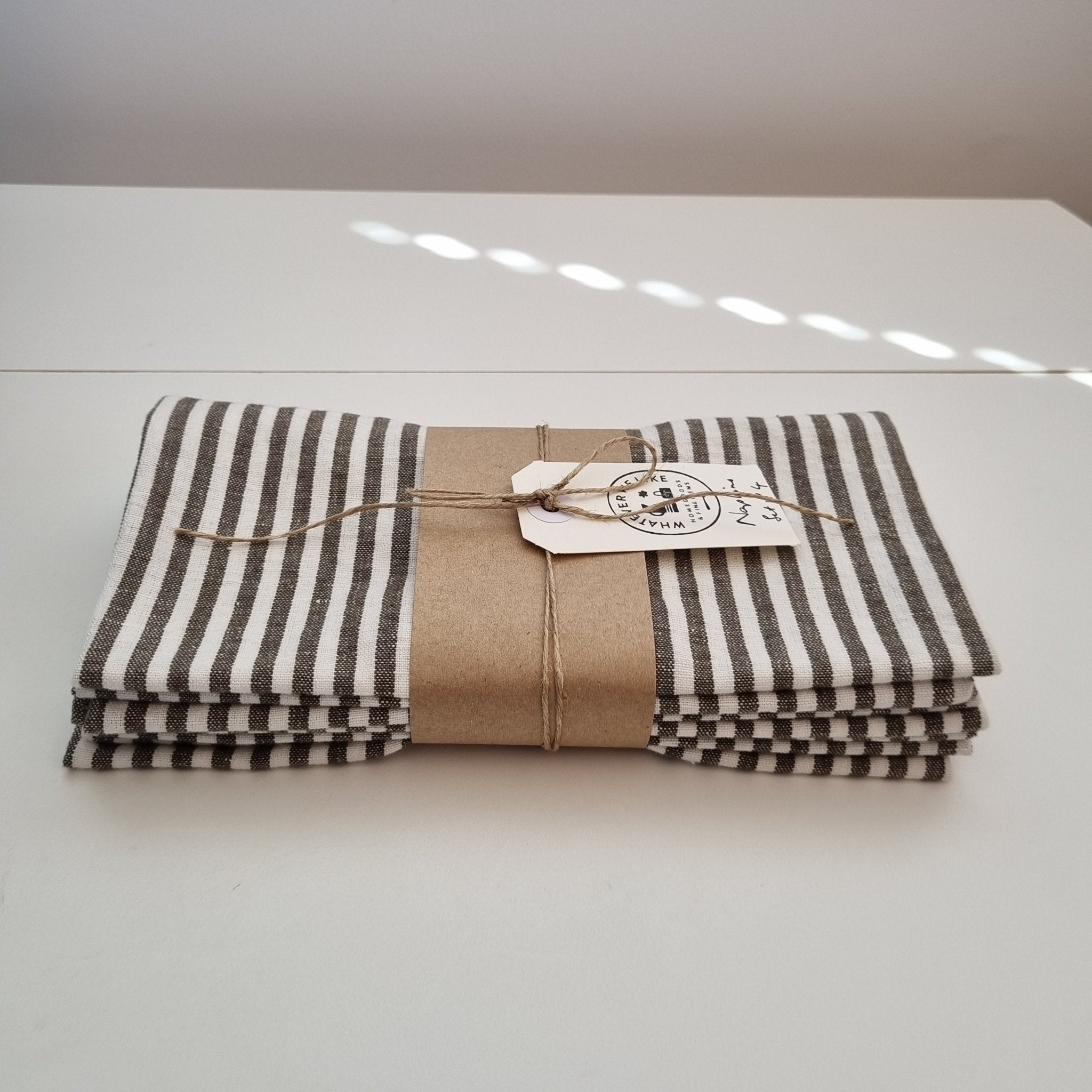Napkins Set 4 Linen Blend OLIVE Stripe - Whatever We Like -