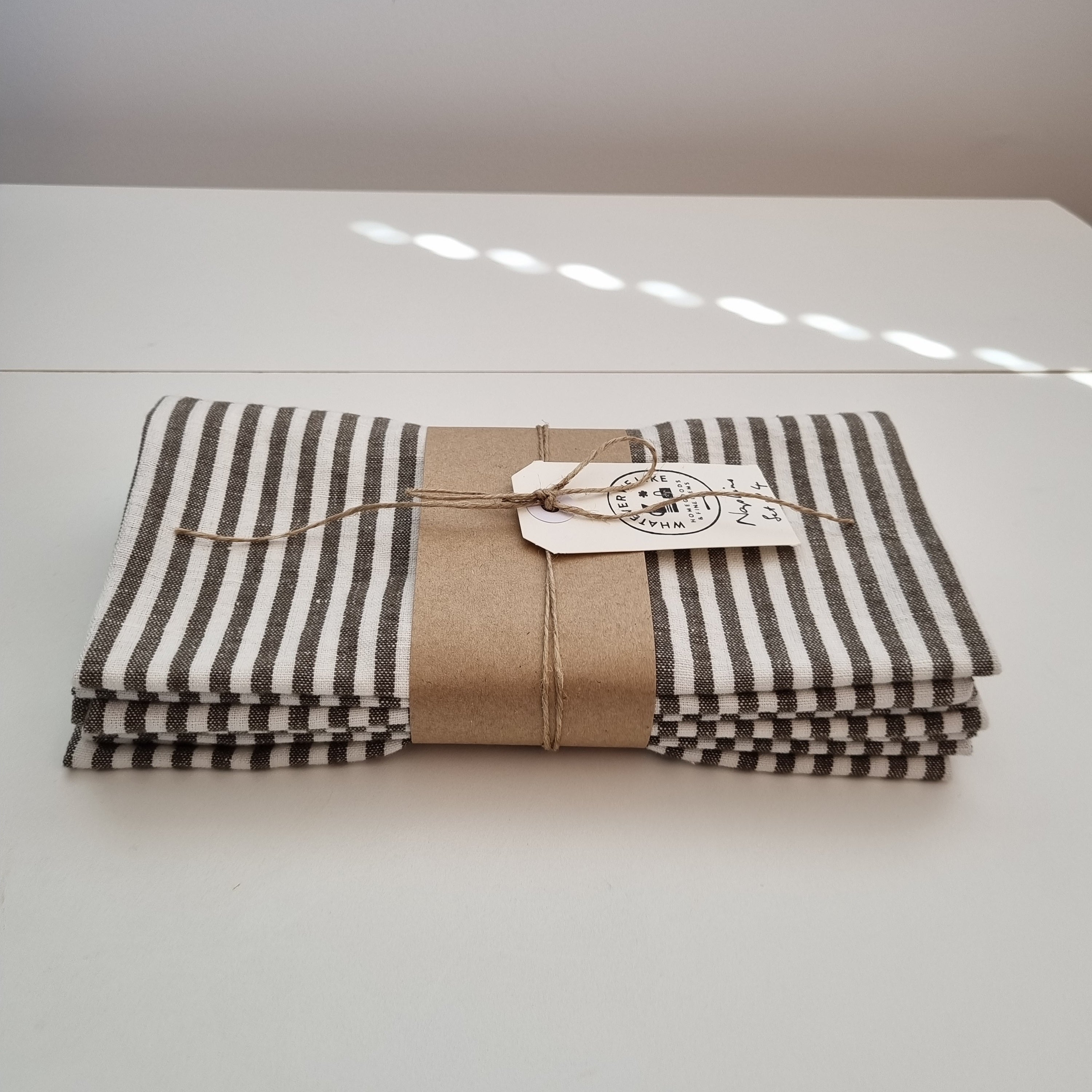 Napkins Set 4 Linen Blend OLIVE Stripe