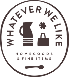Logo for 'Whatever We Like' homegoods and fine items with icons of a pitcher, bag, and spoon.