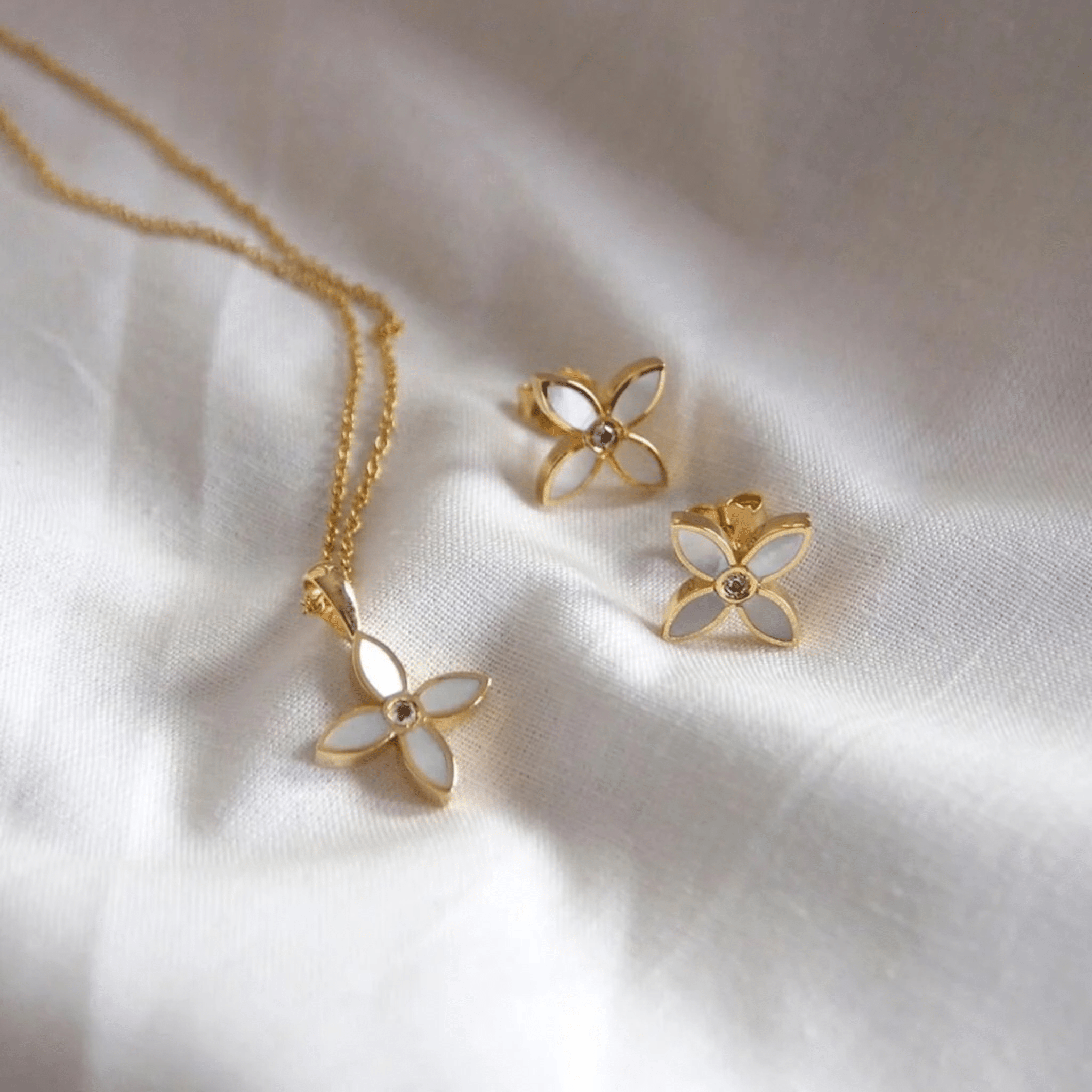 Earrings "Desert Flower" Mother of Pearl Studs in 18 KT Gold Plate - Whatever We Like - 