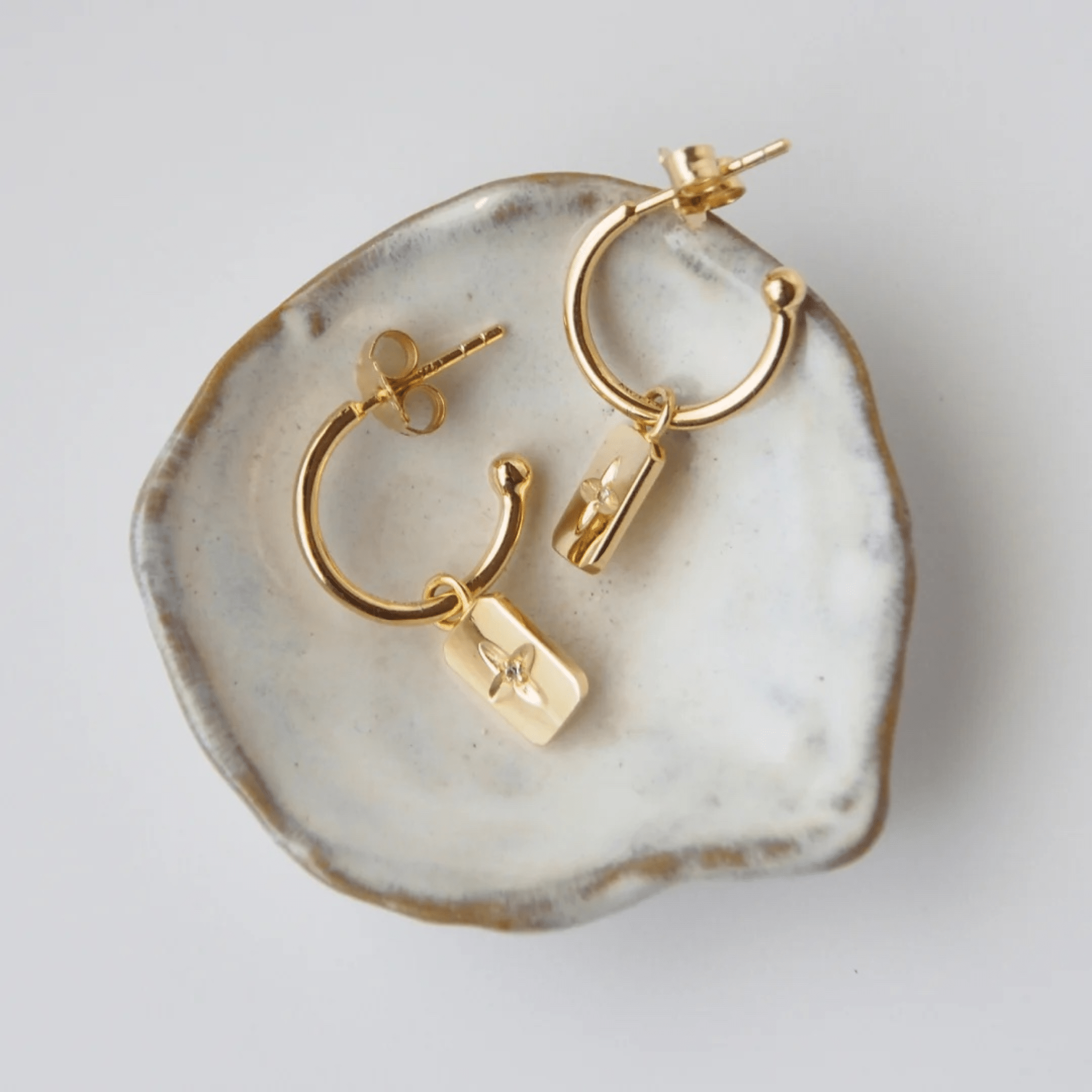 Earrings "Desert Flower" w Drop Rectangles & White Topaz in 18 KT Gold Plate - Whatever We Like - 