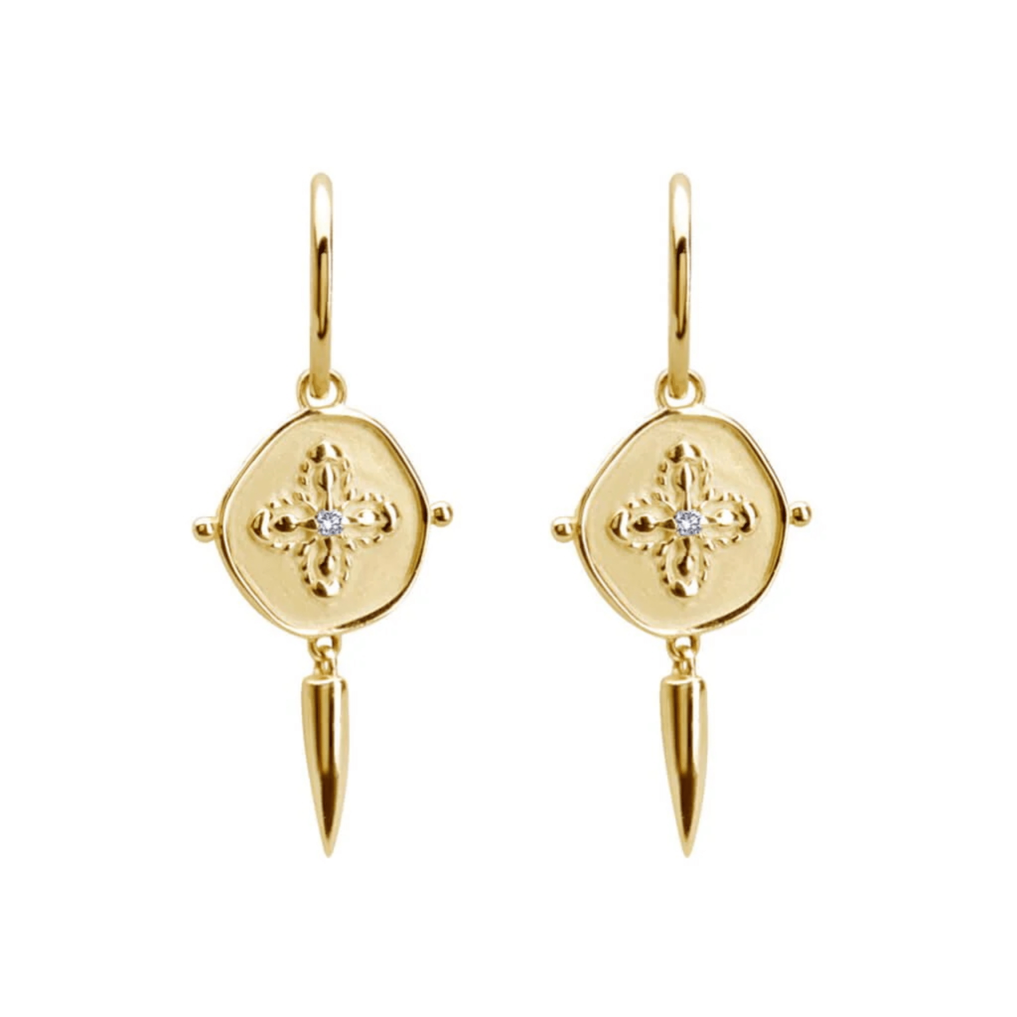 Earrings "Sahara" Small Hoop & Disc, 18kt Gold Plate w White Topaz & Dagger - Whatever We Like - 