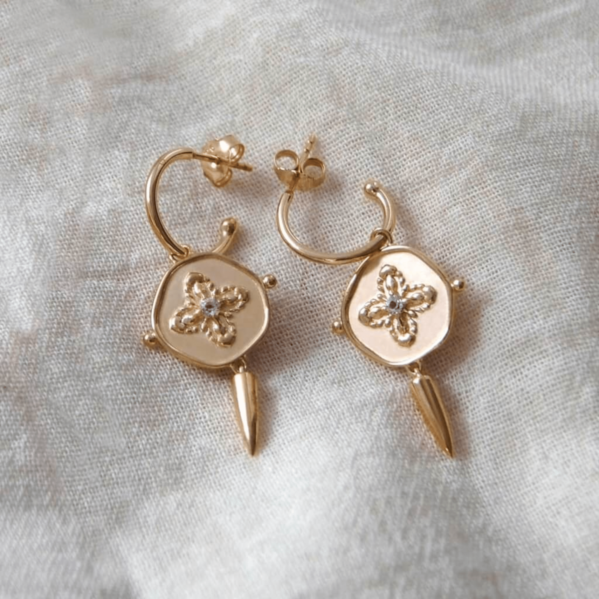 Earrings "Sahara" Small Hoop & Disc, 18kt Gold Plate w White Topaz & Dagger - Whatever We Like - 