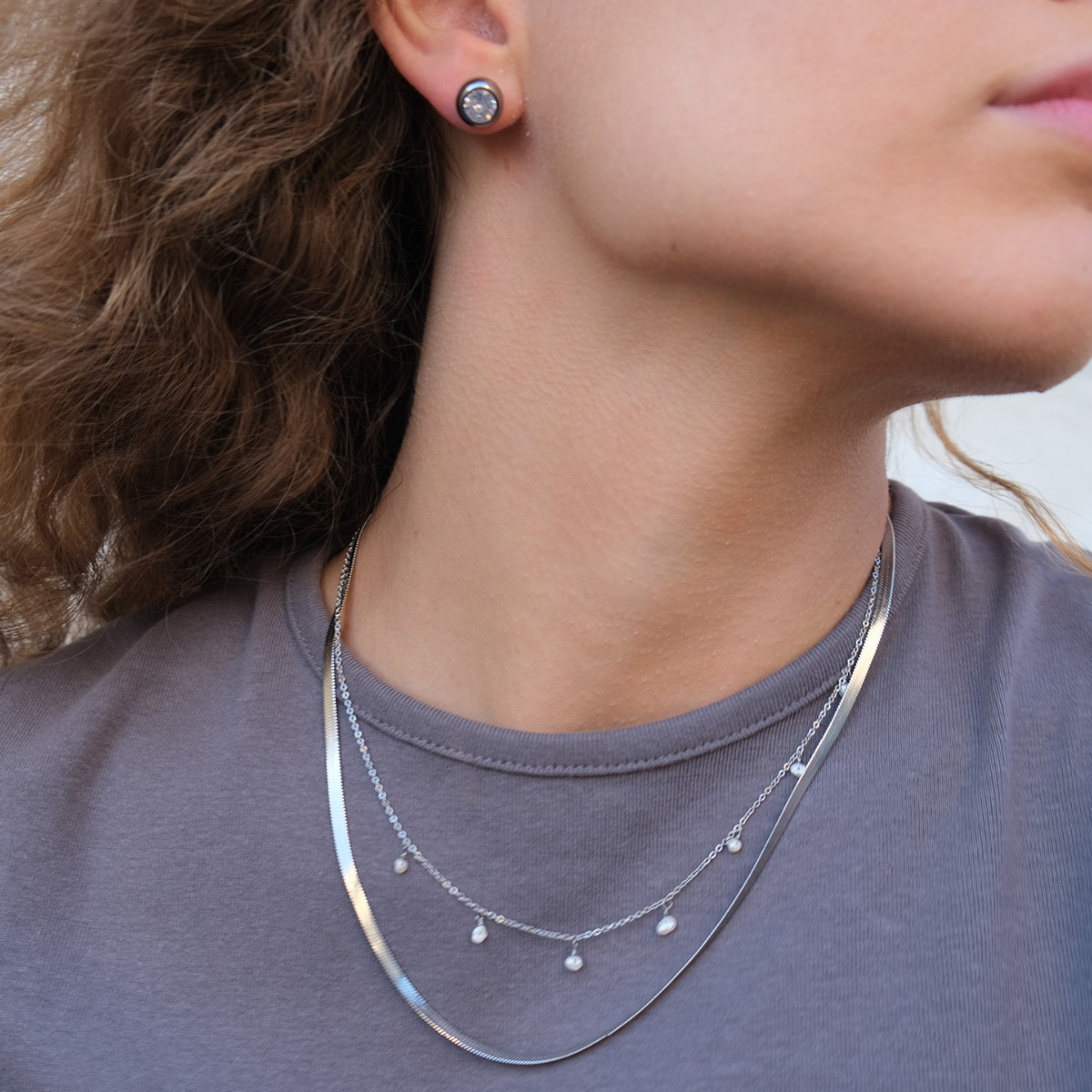 A&C Steel Necklace w Mini Pearls