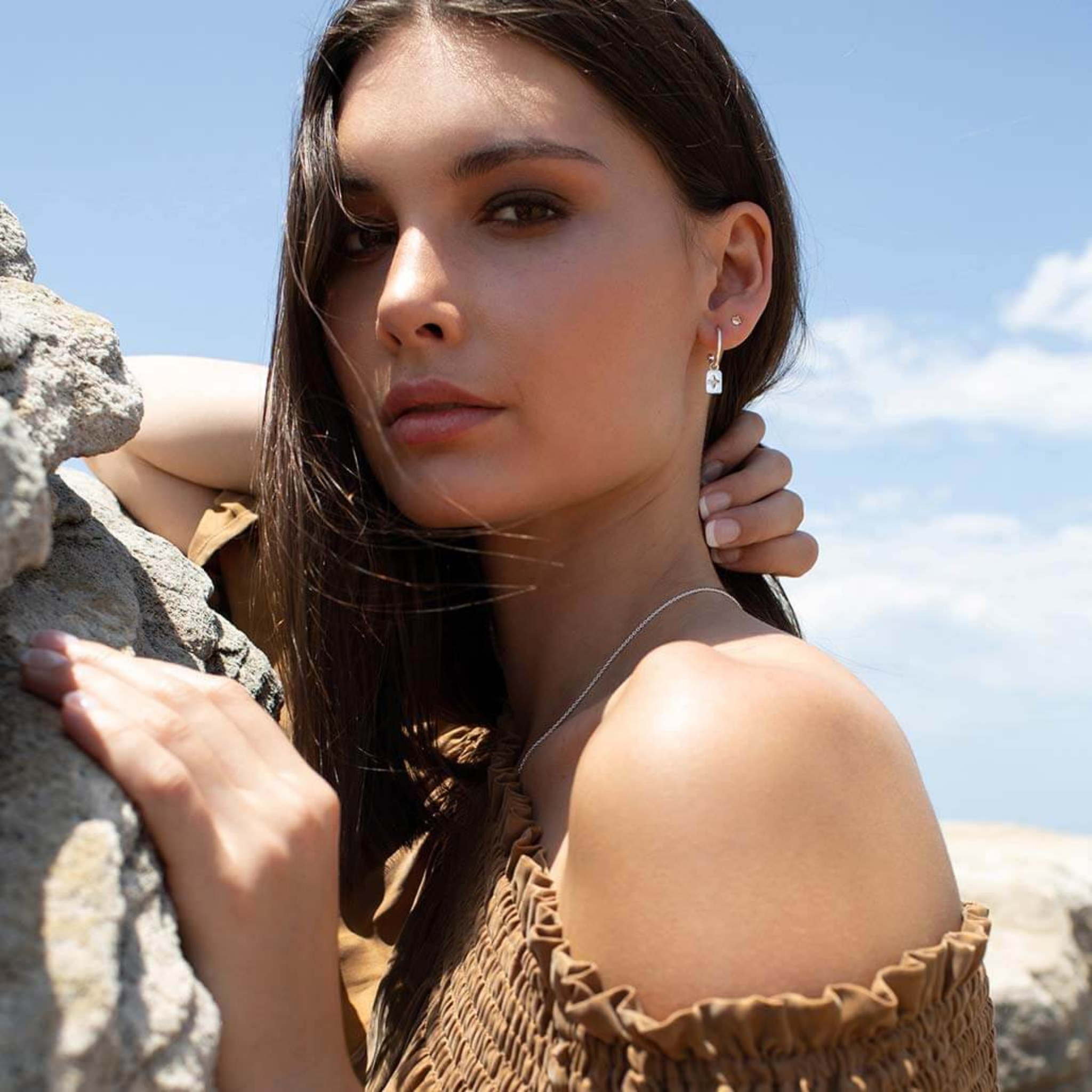Earrings "Desert Flower" w Drop Rectangles Sterling Silver