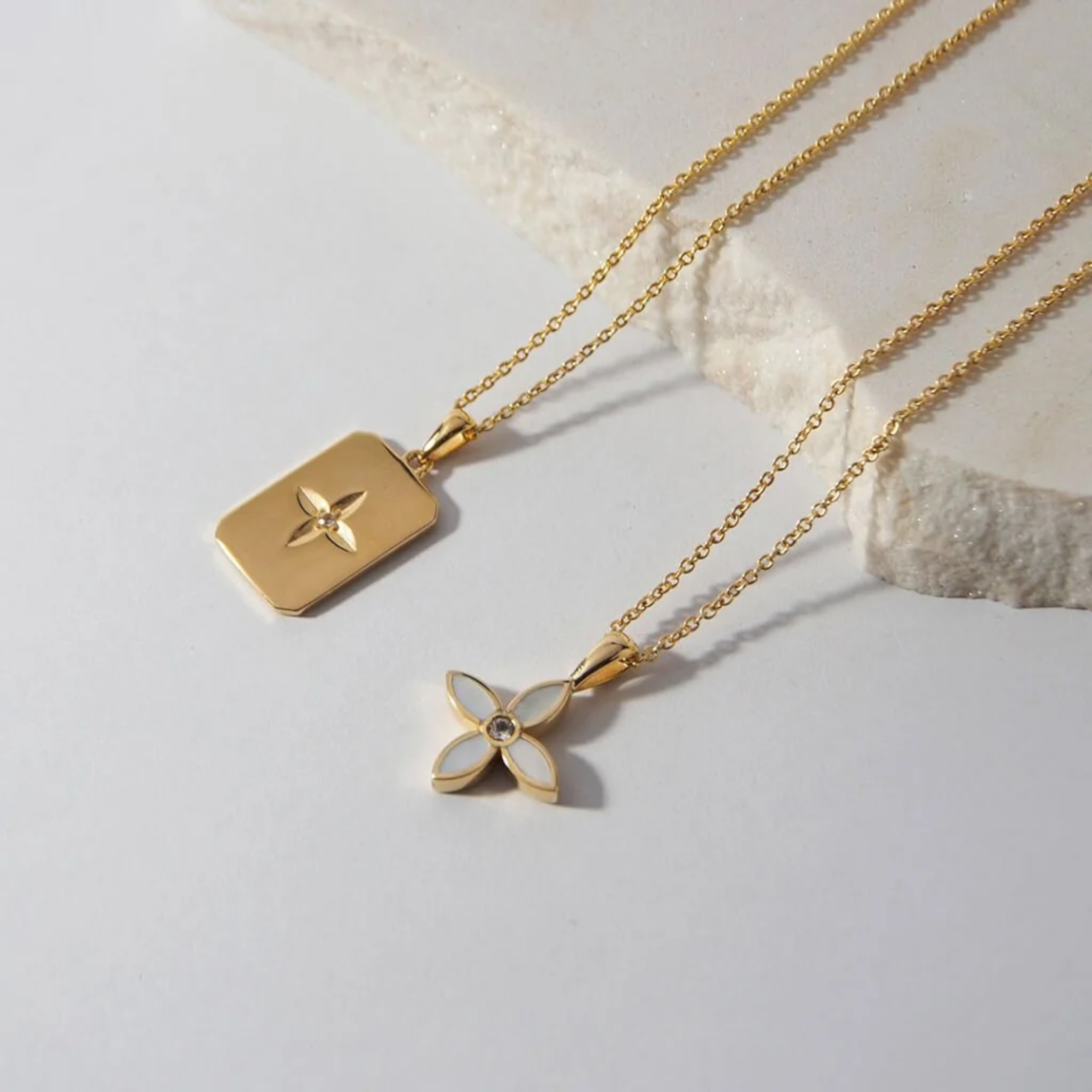 Necklace Mother of Pearl Floral w White Topaz 18 KT Gold Plate