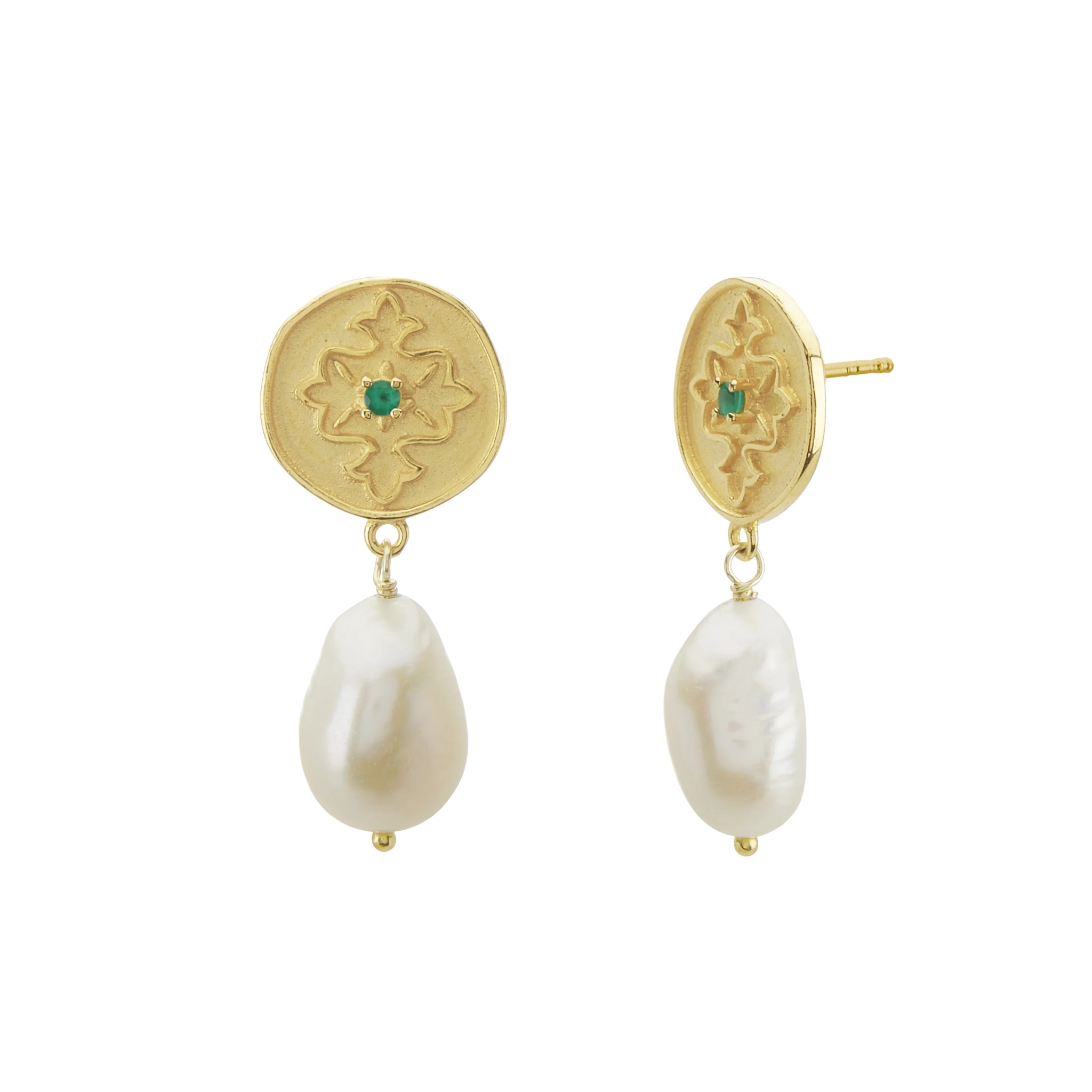 Earrings Wandering Soul Green Onyx & Pearl 18KT Gold Plate