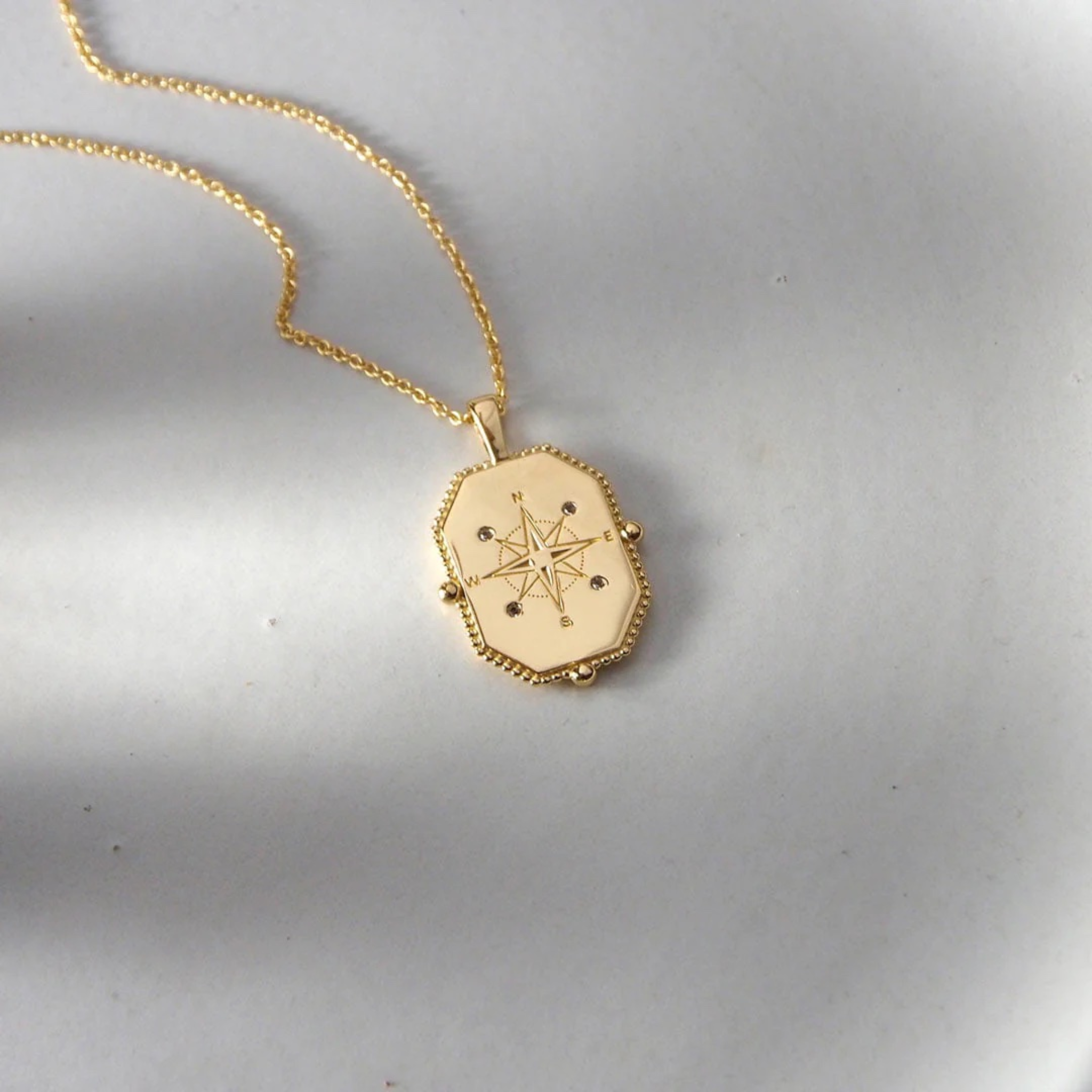 Necklace Compass w White Topaz 18 KT Gold Plate