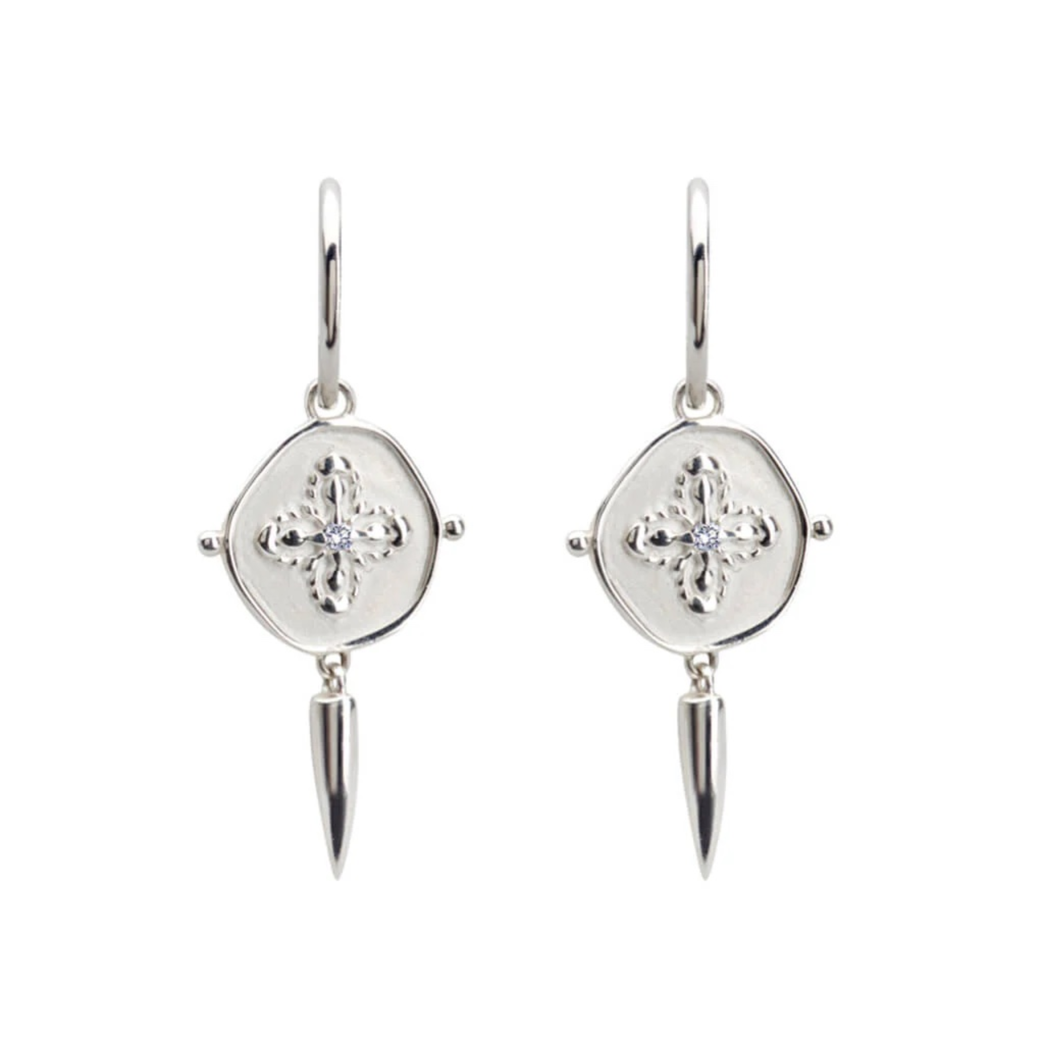 Earrings "Sahara" Small Hoop & Disc Sterling Silver w White Topaz & Dagger