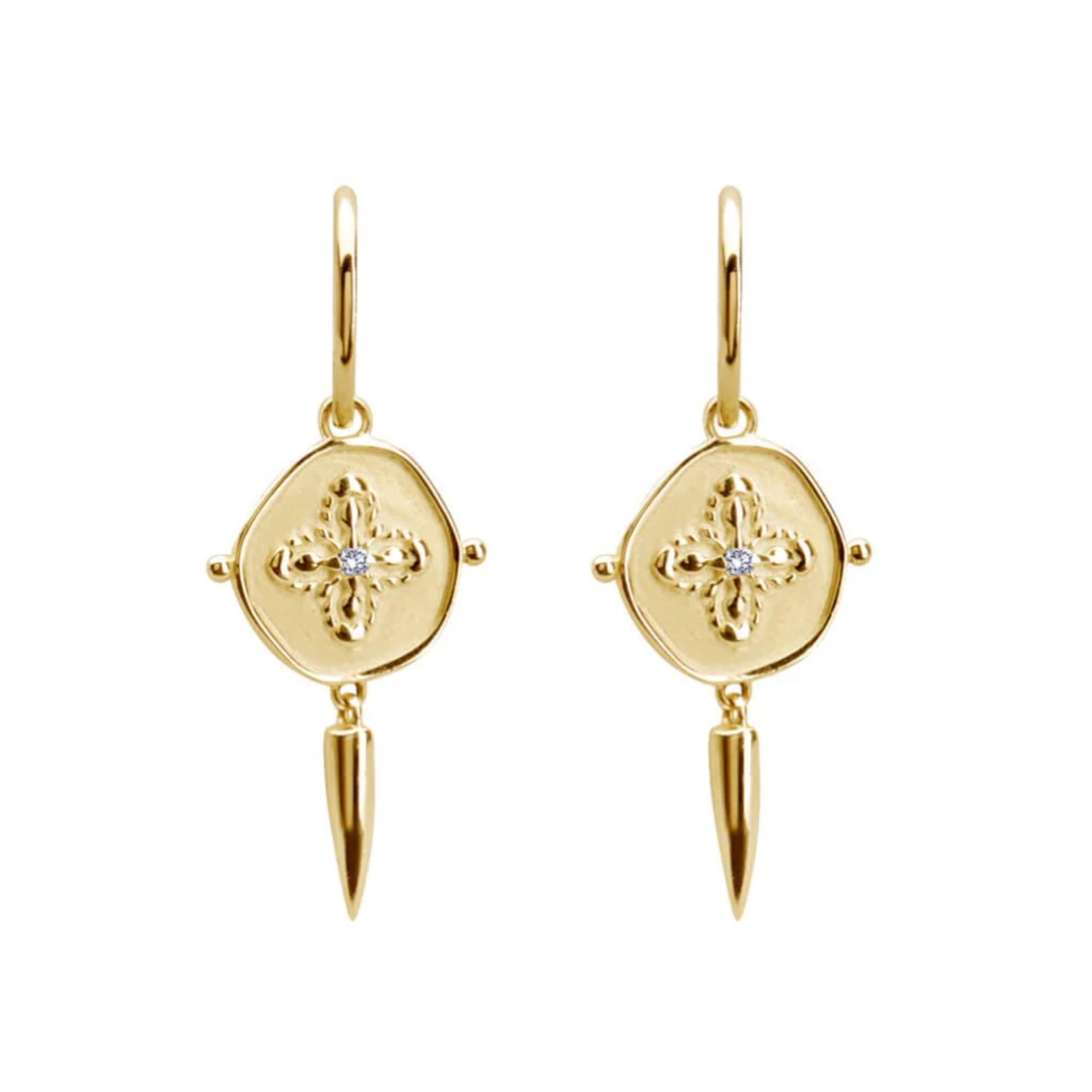 Earrings "Sahara" Small Hoop & Disc, 18kt Gold Plate w White Topaz & Dagger