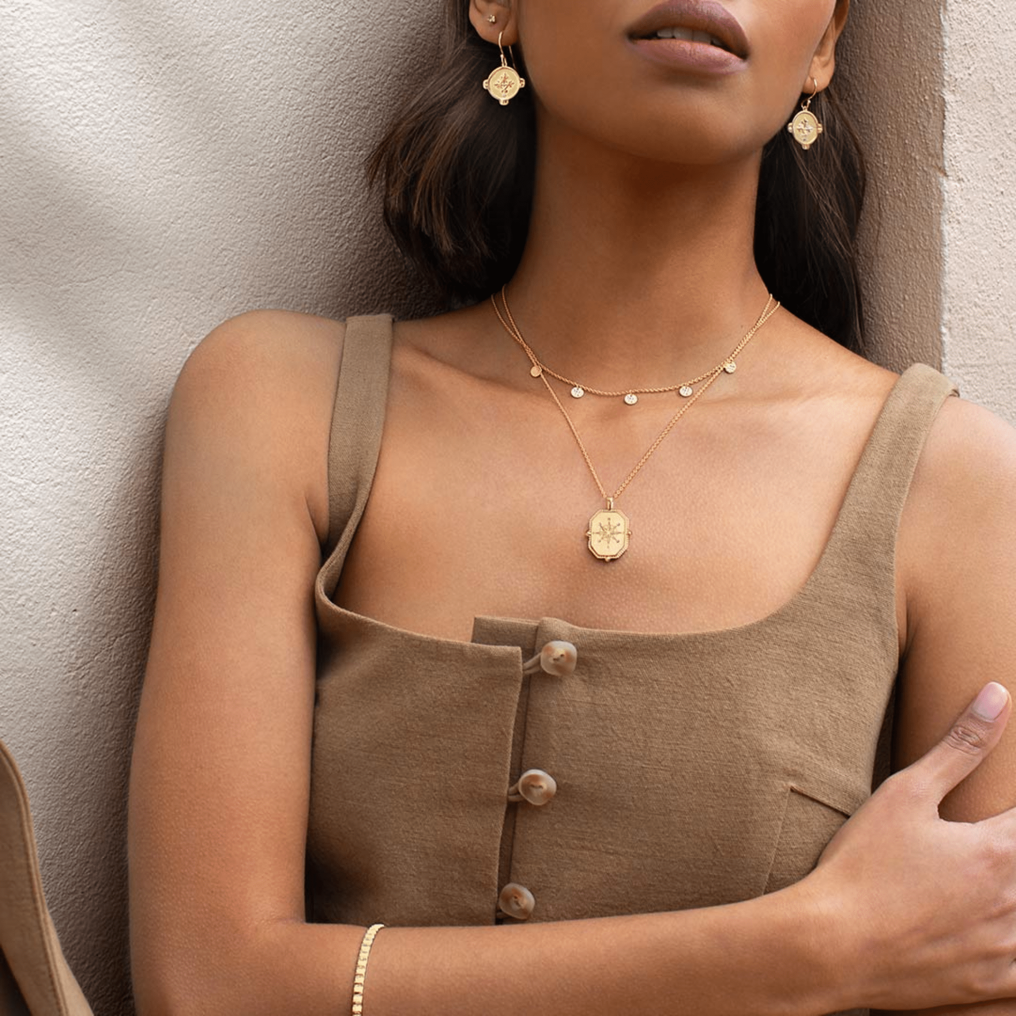 Necklace Compass w White Topaz 18 KT Gold Plate - Whatever We Like - 