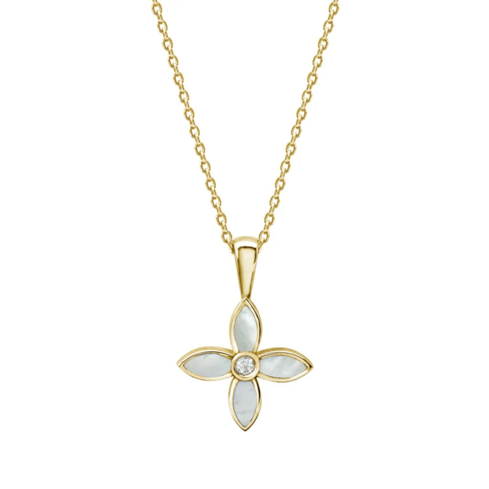Necklace Mother of Pearl Floral w White Topaz 18 KT Gold Plate - Whatever We Like - 